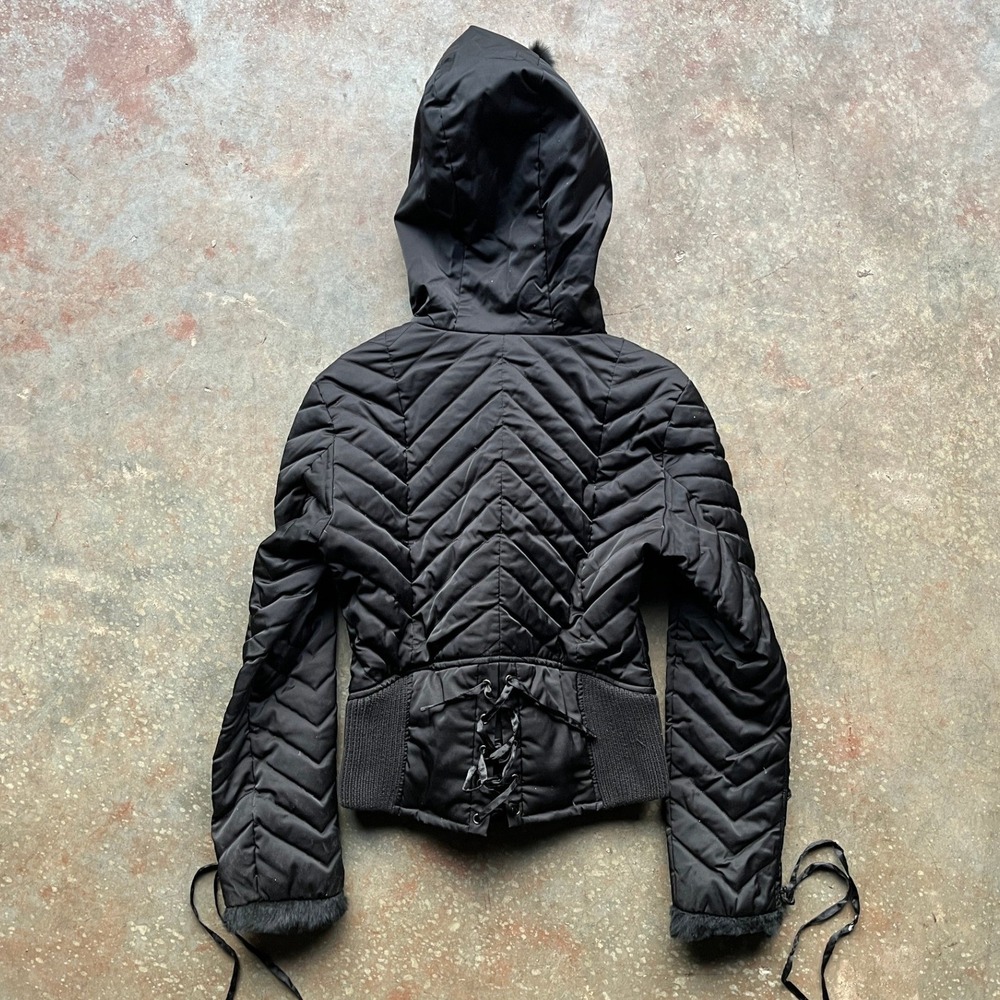 Bebe Black Chevron Quilted Down Puffer Jacket Real Rabbit Fur Hood Lace Up Small - Picture 3 of 11